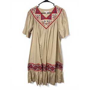 Go Softly Patio Tan Cotton Embroidered Ruffle Hem Midi Dress Boho Peasant Small